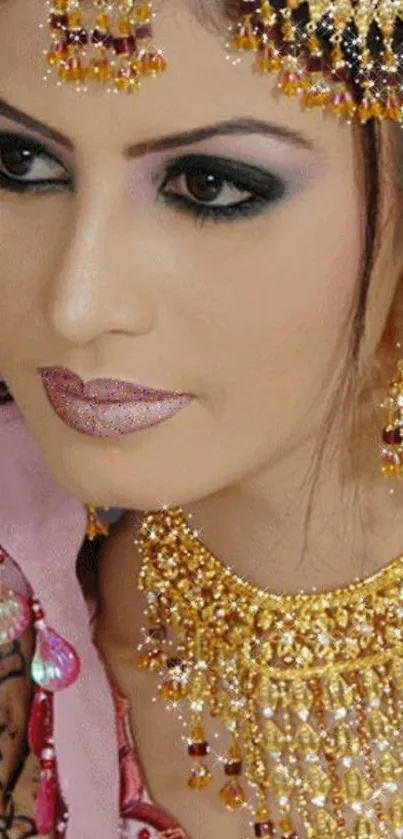 Close-up of an Indian bride in gold jewelry with intricate mehndi design.