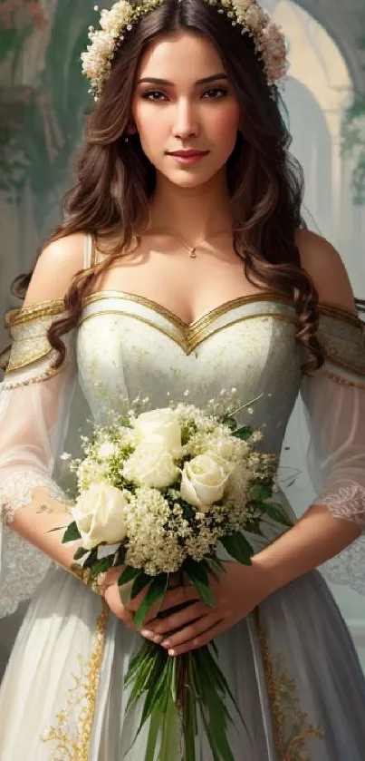 Bride in elegant white dress holding roses, for mobile wallpaper.