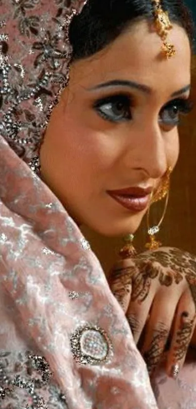 Elegant portrait wallpaper with henna and veil.