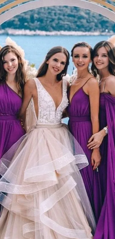 Bridal party in elegant dresses by a lake.