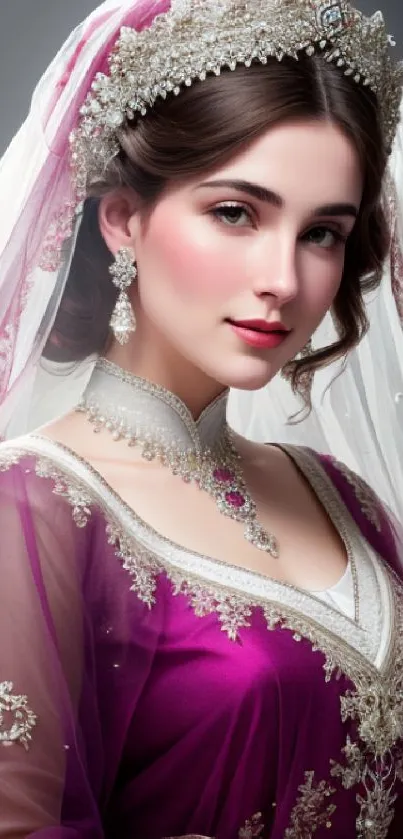 Elegant bride in purple gown and ornate silver detailing.