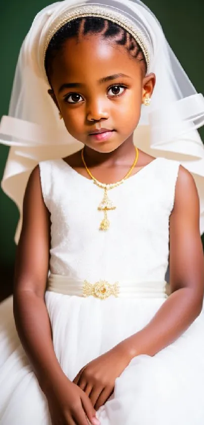 Young girl in a white dress with a veil and gold jewelry, posing elegantly.