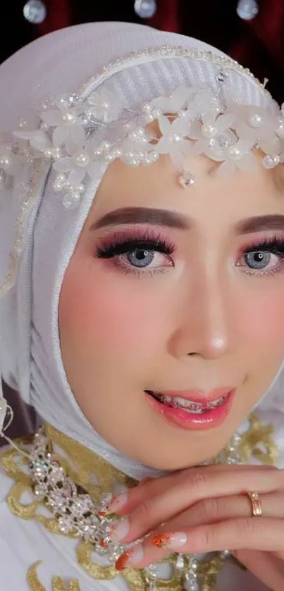 Bridal portrait with floral headpiece and elegant jewelry.