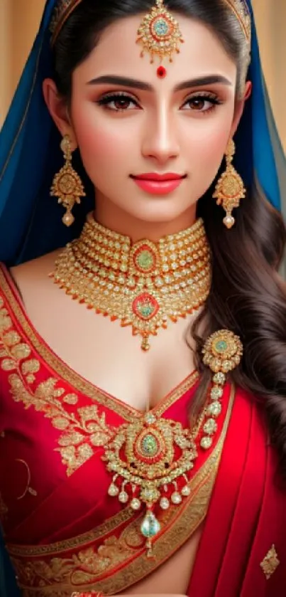 Elegant bridal portrait with rich red sari and gold jewelry.