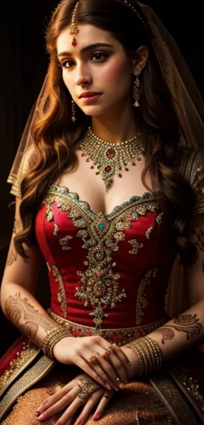 Elegant bridal portrait with intricate details and rich red attire.