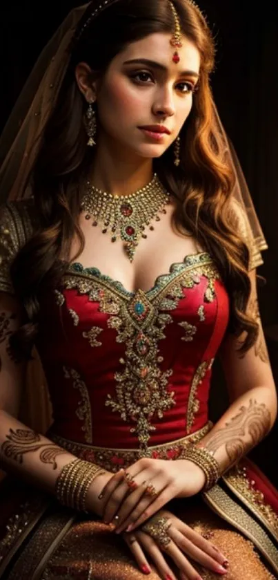 Elegant bride in crimson red gown with intricate jewelry in a traditional setting.