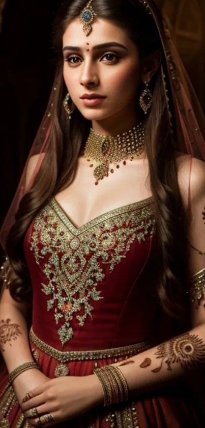 Elegant bridal portrait with intricate attire and henna design.