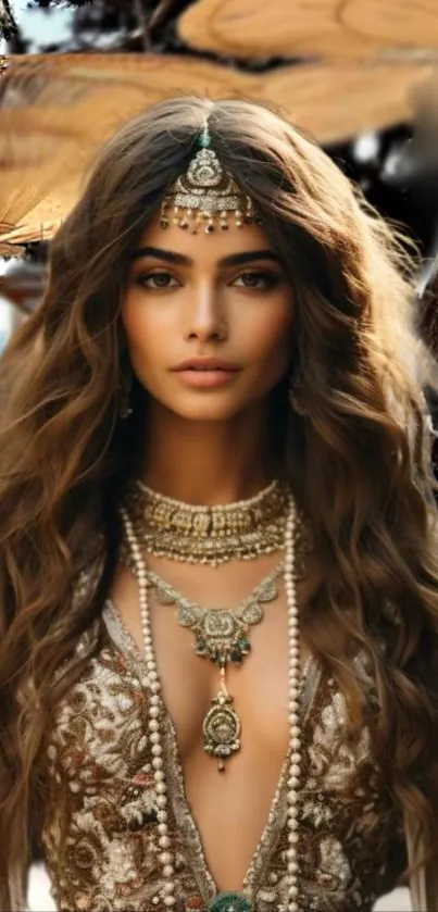 Beautiful bride with jewelry and flowing hair in serene backdrop.