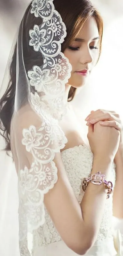 Elegant bridal portrait with lace veil and soft lighting.