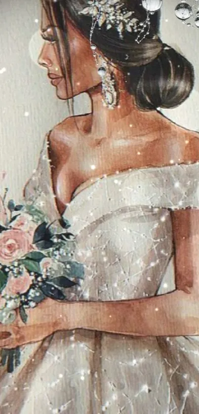 Elegant illustration of a bride with bouquet in soft tones.