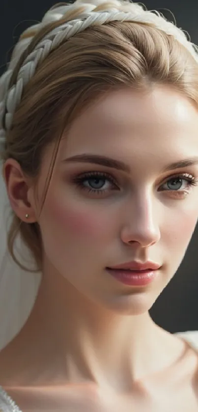 Elegant bride with braided hair and soft makeup in a serene portrait.
