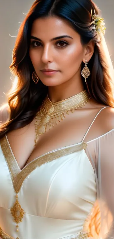 Elegant bride in white gown with soft lighting.