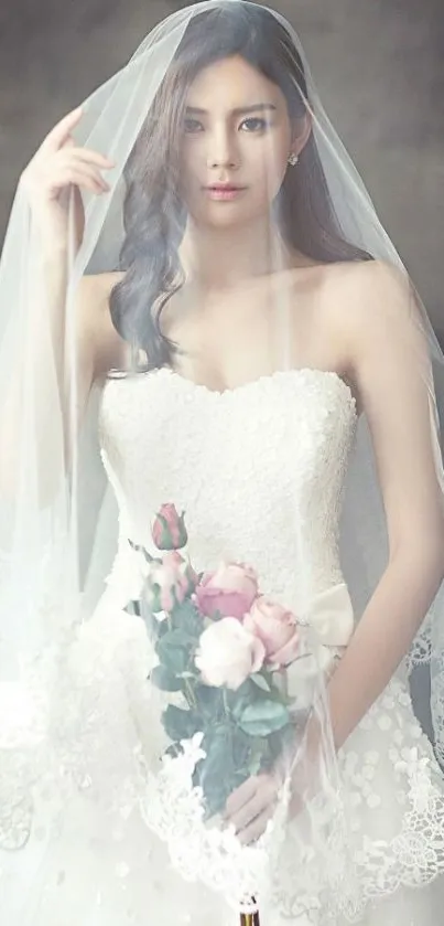 Elegant bridal portrait with lace gown and floral bouquet.