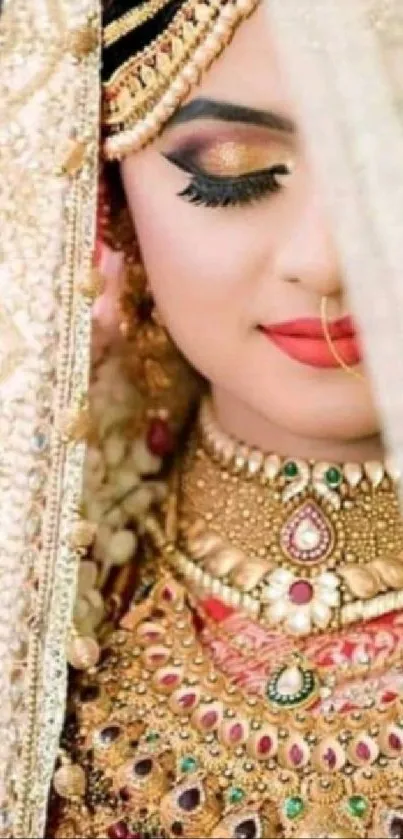 Elegant bridal portrait with intricate jewelry and gold accents.