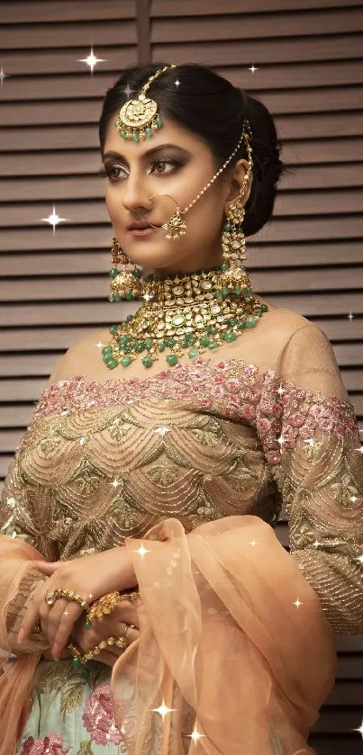 Elegant Indian bridal portrait with jewelry and peach attire against wooden background.