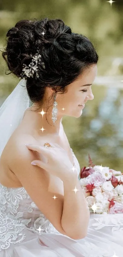 Serene bridal portrait by the lake; elegant and tranquil wallpaper.