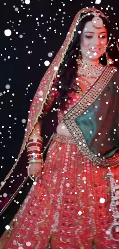 Bride in red traditional attire with snowfall effect in wallpaper.