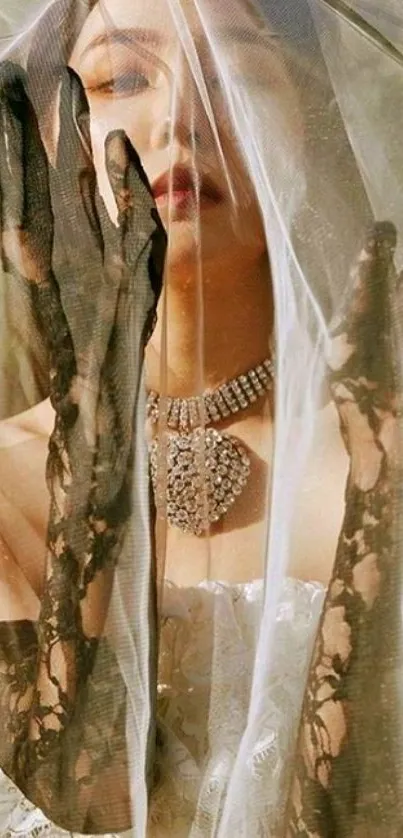 Elegant bridal portrait with lace veil and gloves in natural light.