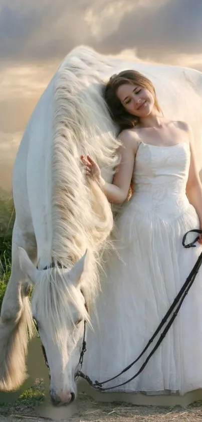 Bride in white dress with horse outdoors.