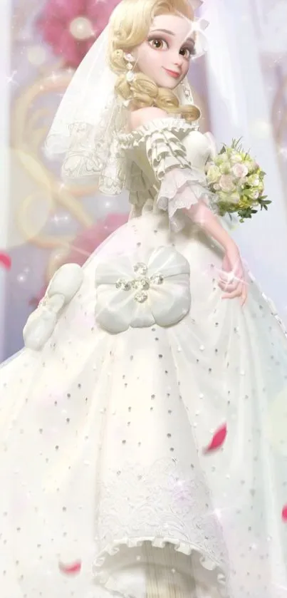 Elegant cartoon bride in a white wedding dress.