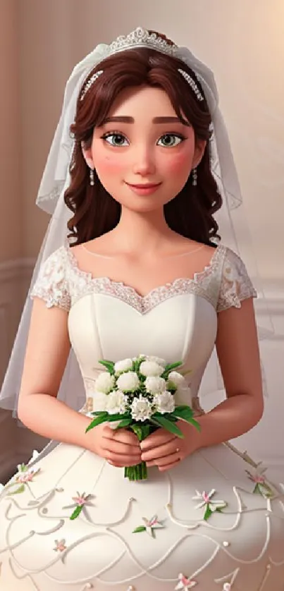 Charming wallpaper of a doll-like bride with bouquet in a white gown.
