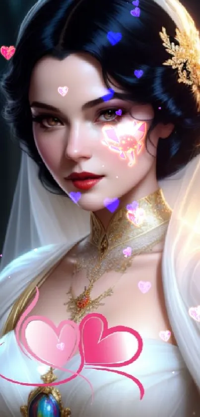 Fantasy art of an elegant bride with dark hair and a white dress.