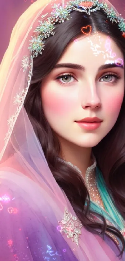 Elegant bride with pastel veil and floral crown in digital artwork.