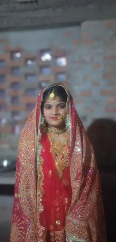 Traditional bride in red attire with intricate design.