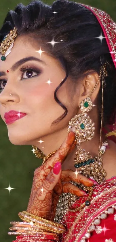 Elegant bride in red saree adorned with jewelry.