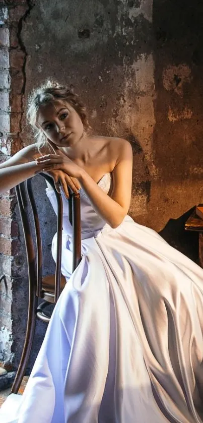 Bride in a rustic room with elegant gown.