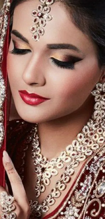 Elegant bride adorned in red attire with traditional jewelry.