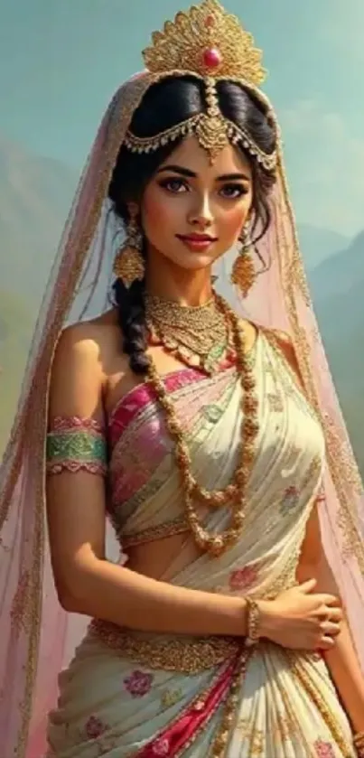 Elegant bride in traditional attire with serene backdrop.