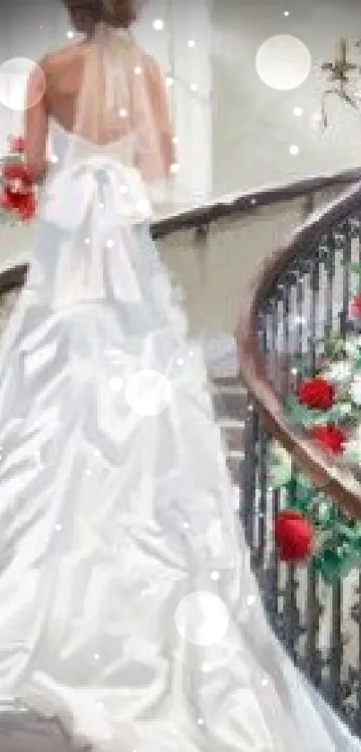 Bride in white gown on elegant staircase with roses.