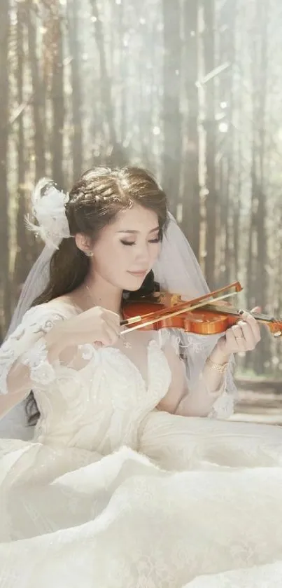 Bride in white gown playing violin in forest.