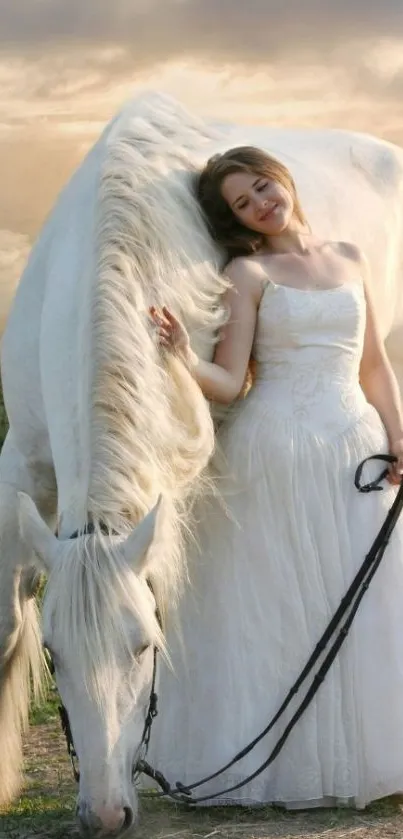 Bride in white dress with horse in nature.