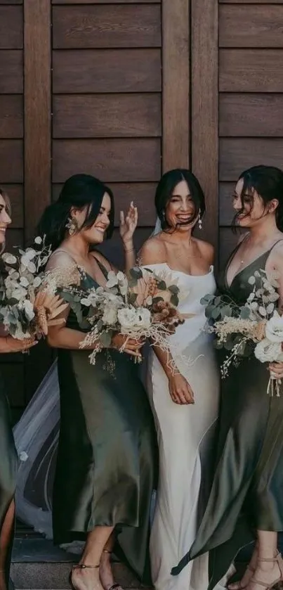 Bridesmaids with elegant satin dresses in a stylish wedding scene.