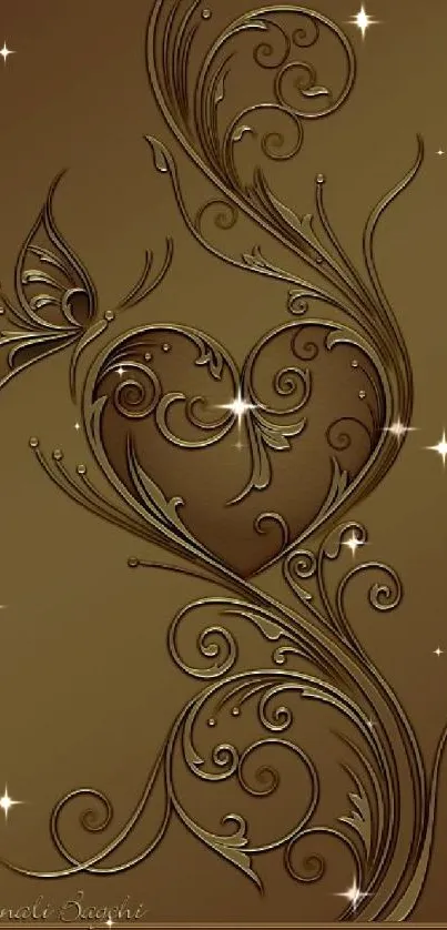 Bronze heart design mobile wallpaper with swirls and butterfly.