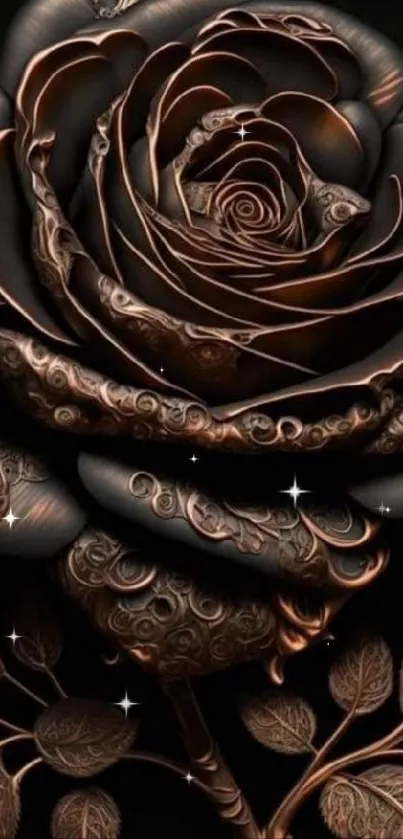 3D artwork of a detailed bronze rose on a dark background.