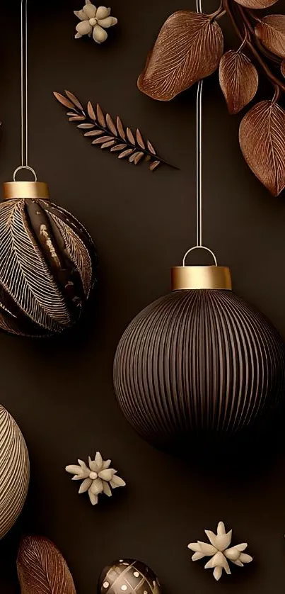 Elegant brown holiday decor wallpaper with ornaments and leaves.