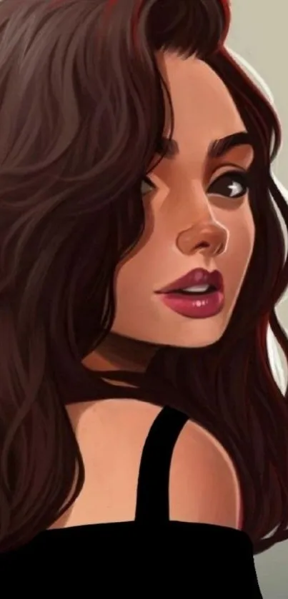 Illustrated portrait of a stylish woman with rich brown hair.