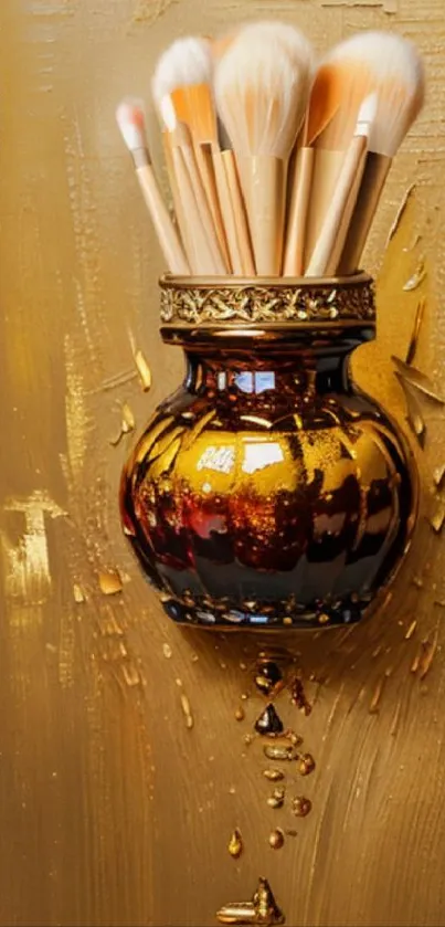 Luxurious brush jar on a golden textured background.