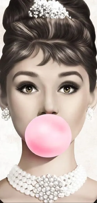 Black-and-white portrait with pink bubblegum for elegant wallpaper.