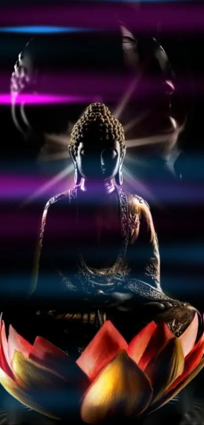 Silhouette of Buddha with lotus and neon glow background.