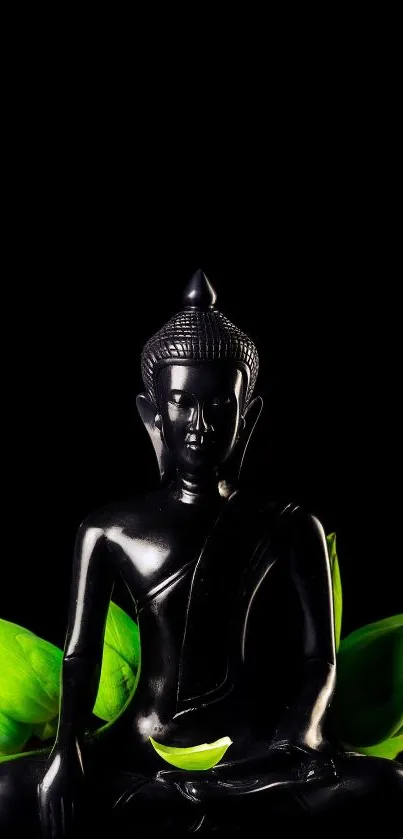 Buddha statue with green leaves on black background.