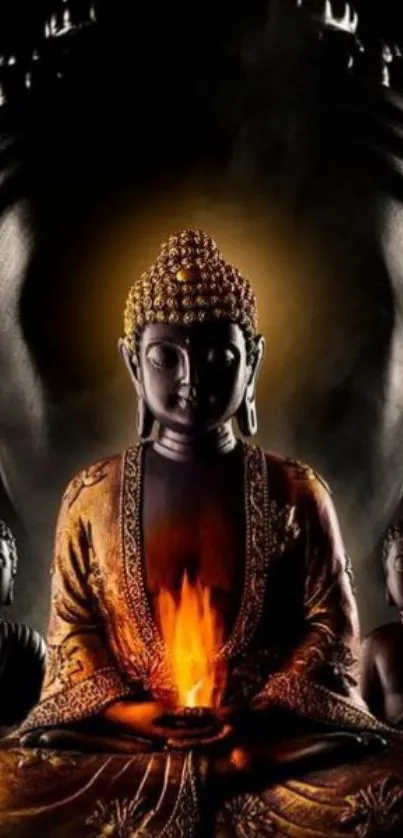 Serene Buddha meditation wallpaper with mystical lighting and warm hues.