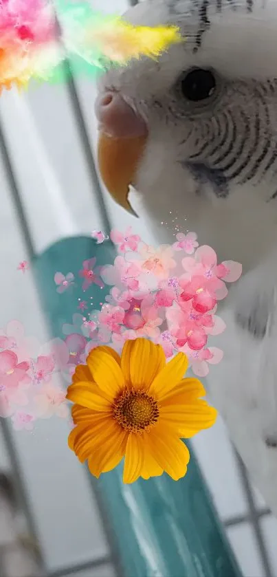 Budgie with colorful floral accents on a light background.