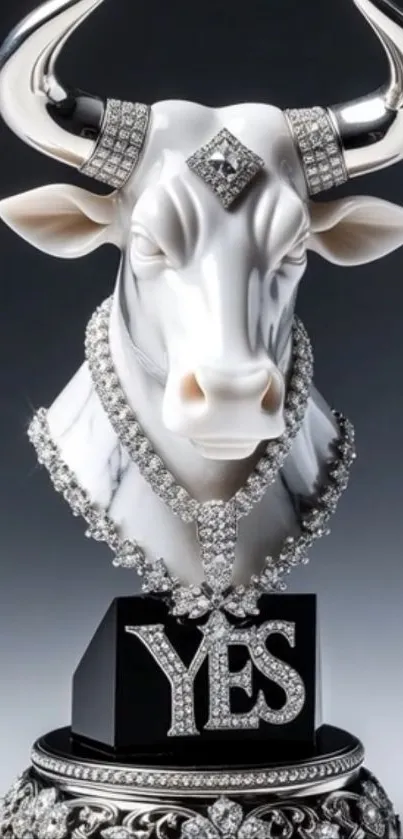 Luxurious bull sculpture with diamonds and YES base.
