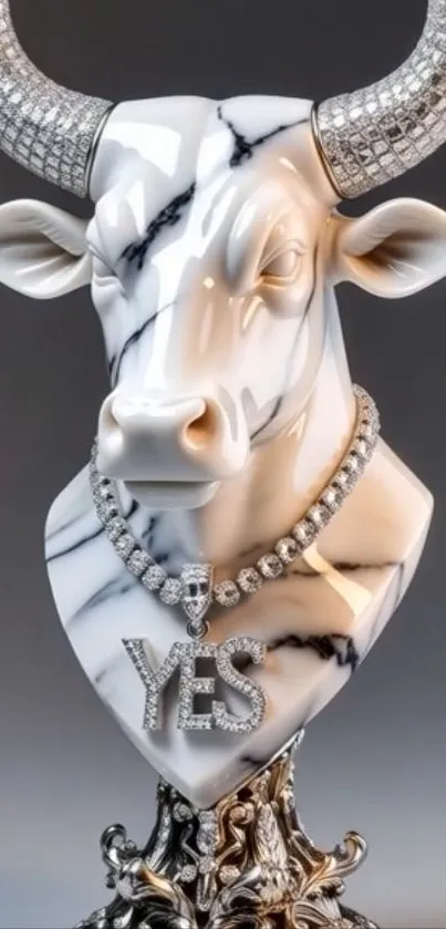 Marble bull sculpture with jeweled necklace.