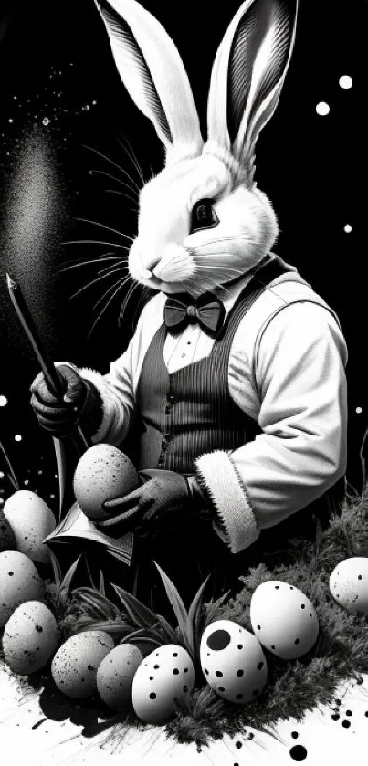 Black and white wallpaper of a rabbit in a tuxedo with Easter eggs.