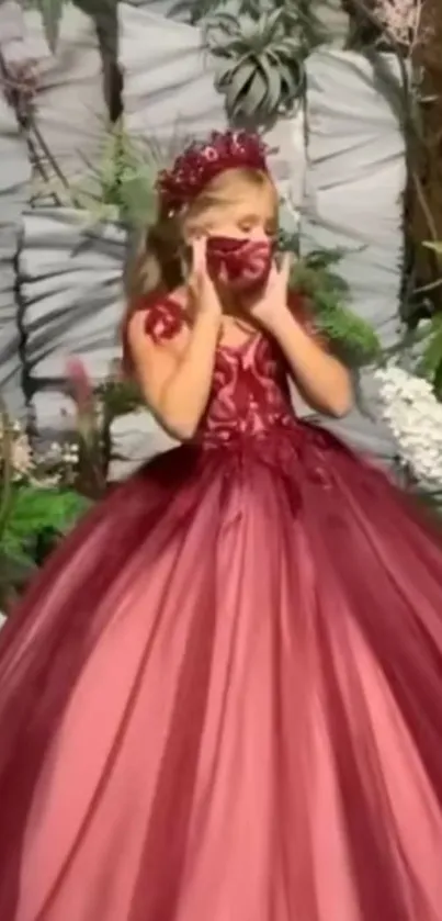 Young girl in a burgundy gown with a floral backdrop.